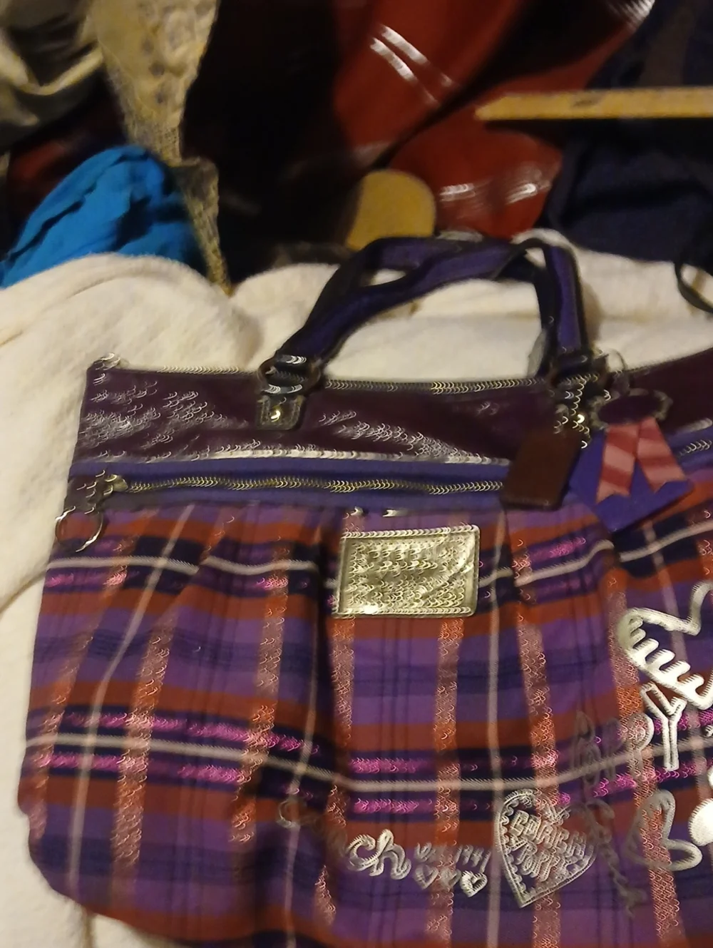 Coach PoppyPurple Plaid Women's Tote Bag with Metallic Accents